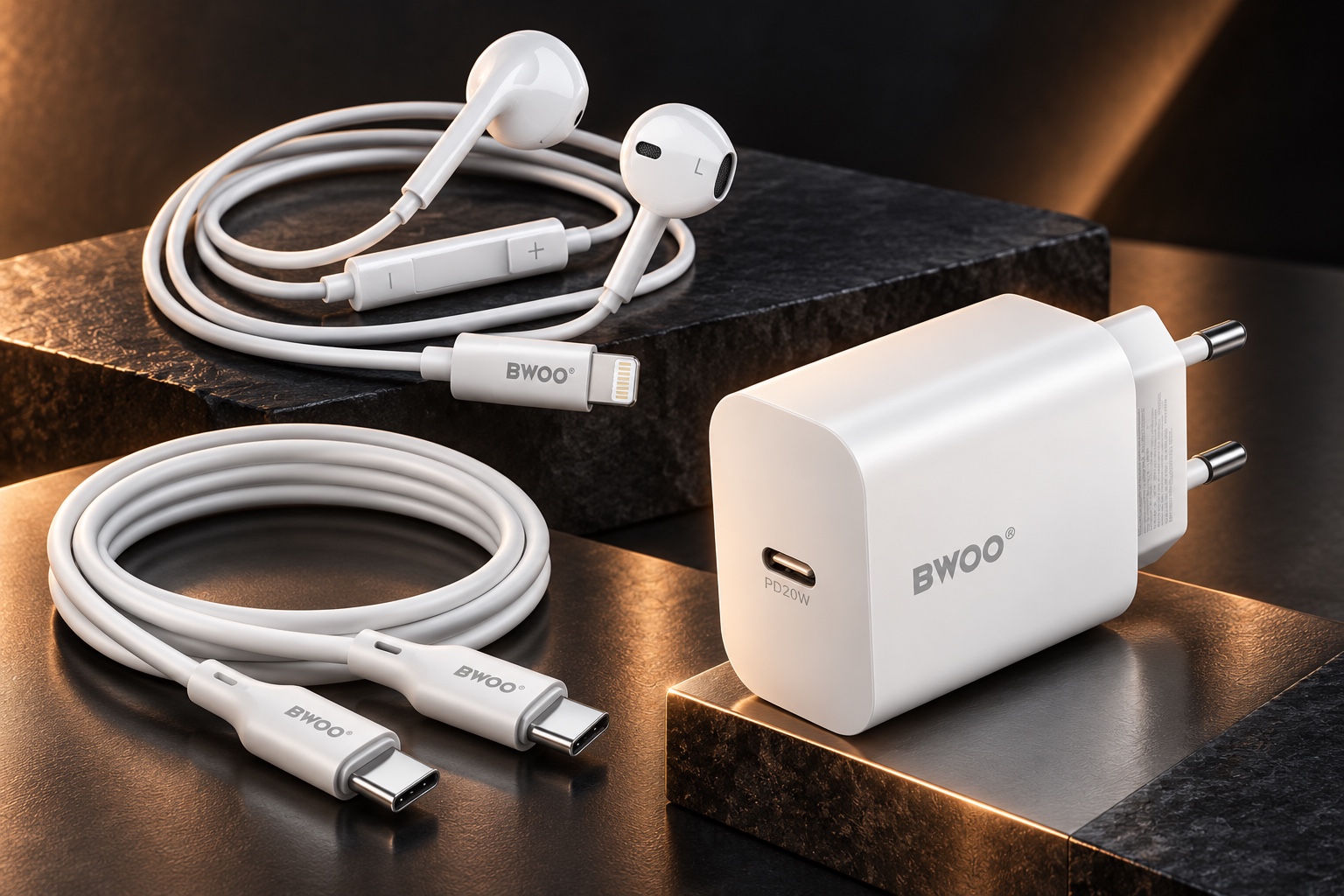 Inszenierte Produktauswahl: BWOO wall charger CDA233 PD 20W mit USB-C Kabel, BWOO Cable USB-C – USB-C 1m 60W X282 C-C white, BWOO Kabel-Kopfhörer Lightning mit Lautstärke Kontrolle HF179 weiß
