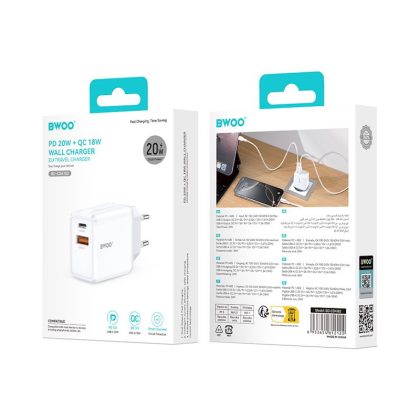 BWOO wall charger CDA182 QC 38W 1x USB-A + 1x USB-C white